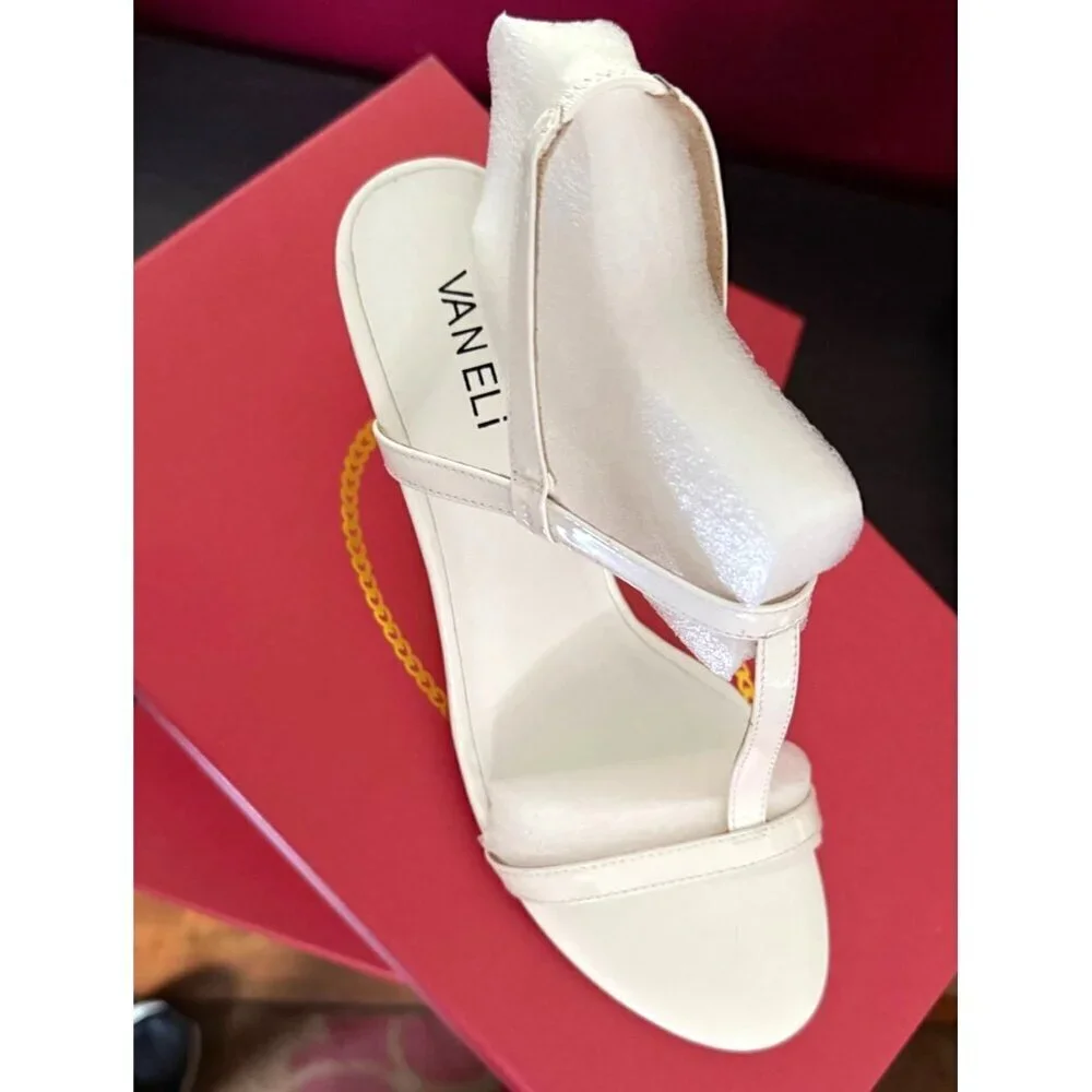 Vaneli Womens White Patent Leather Open Toe T Strap Wedge Sandals Sz 9 M New